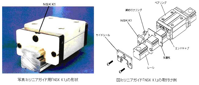 写真3:リニアガイド用「NSK K1」の形状&図3:リニアガイド「NSK K1」の取付け例